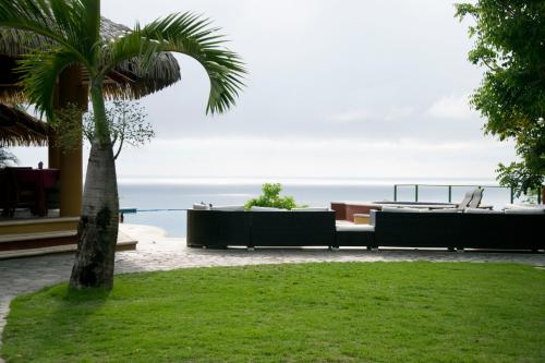 a view of the ocean from a resort with a palm tree at Hotel Vista de Olas in Santa Teresa Beach