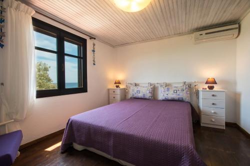 a bedroom with a purple bed and a window at Ktima Delmare Pantazara in Nea Skioni