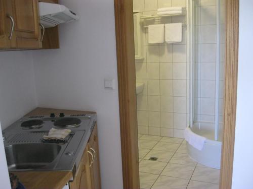 La salle de bains est pourvue d'un lavabo, d'une douche et d'un comptoir. dans l'établissement Rezydencja Nad Jeziorem Łebsko, à Łeba
