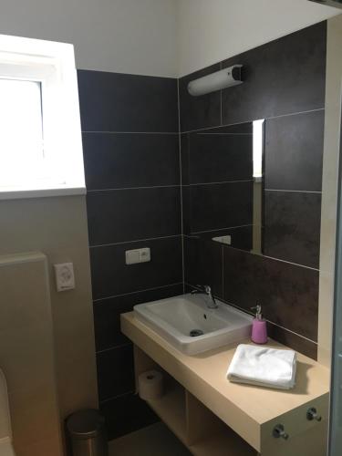 a bathroom with a sink and a mirror at Penzion Hermina in Veselí nad Moravou