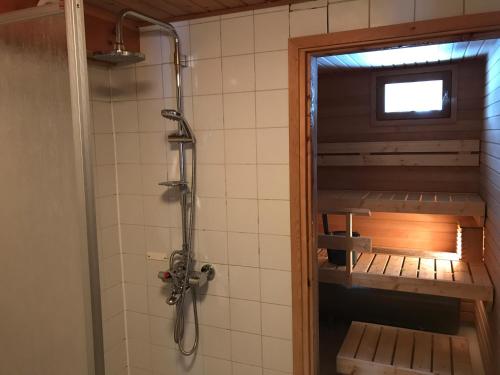 a shower in a bathroom with a toilet at Panoraama 3 in Saariselka
