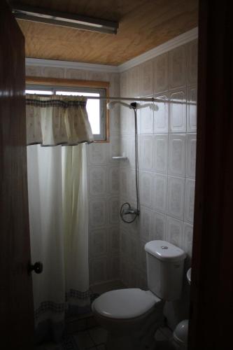 baño con aseo y ducha y ventana en Rosa Herminia, en Limache