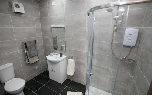 a bathroom with a shower and a toilet and a sink at Harbour front apartments in Burtonport