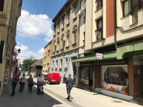 a group of people walking down a city street at FilinHome Teleckog in Novi Sad