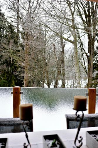 a table and chairs with snow on the ground at The Rockwell-Harrison Guest Lodge in Harrison Hot Springs