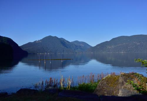 a view of a lake with mountains in the background at The Rockwell-Harrison Guest Lodge in Harrison Hot Springs