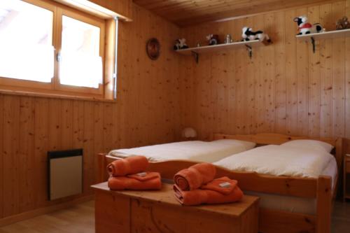 2 camas en una habitación con paredes de madera y ventana en Apartment Chez Véro et Bernard en Bourg-Saint-Pierre