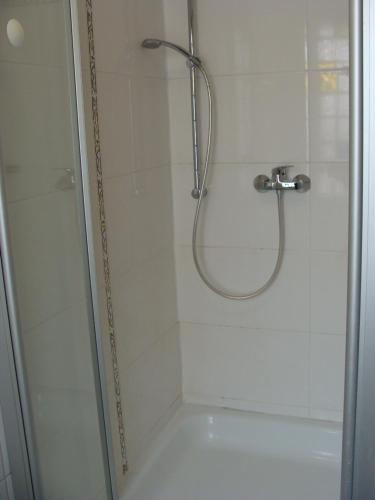 a bathroom with a shower with a glass door at Hotel Löhr in Baden-Baden