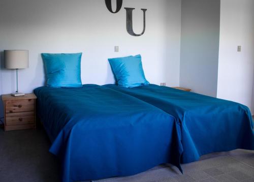 a blue bed with two blue pillows on it at Djurs-BnB - Rimsøhuset in Rimsø