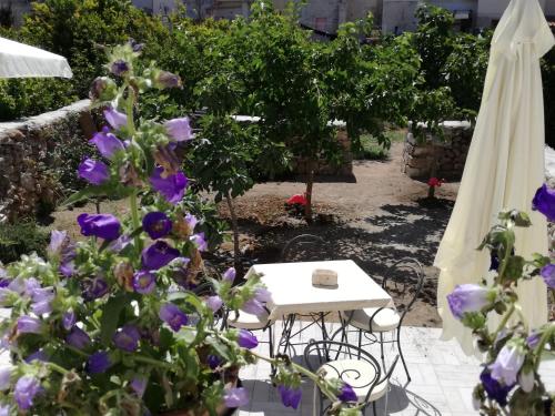 a table and chairs in a garden with purple flowers at Poggiamico Guest House in Favignana