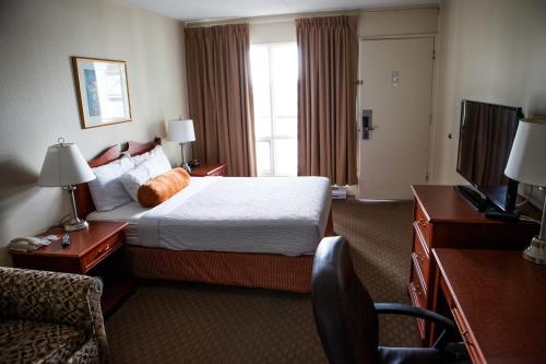 a hotel room with a bed and a window at Knights Inn Lethbridge in Lethbridge