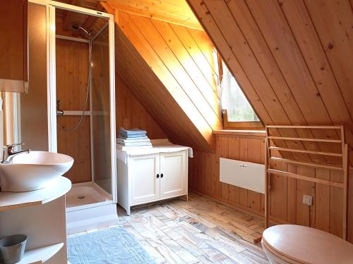 a bathroom with a sink and a toilet in a attic at Dom Rajka in Stronie Śląskie