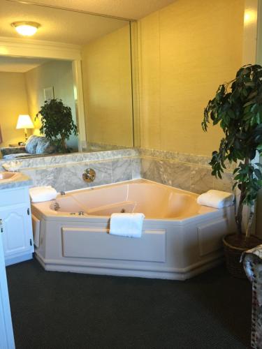 a bath tub in a bathroom with a large mirror at Lockport Inn and Suites in Lockport