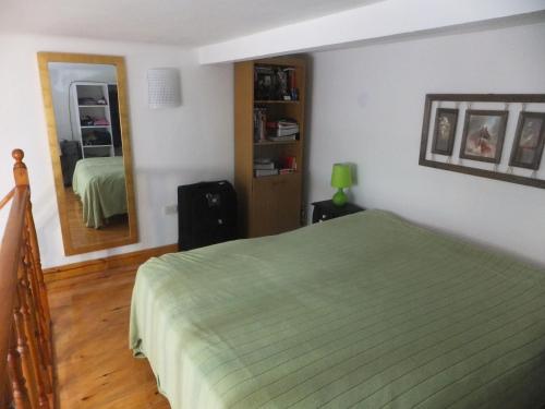 1 dormitorio con cama verde y espejo en Great Loft Nunez en Buenos Aires