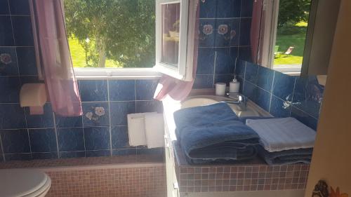 a blue tiled bathroom with a sink and a window at Camden House in Aubry-le-Panthou