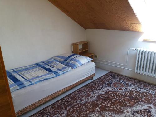リプノ・ナト・ヴルタヴォウにあるLípa v ceste IYI sobota - sobotaのベッドとラグ付きの小さなベッドルーム1室が備わります。