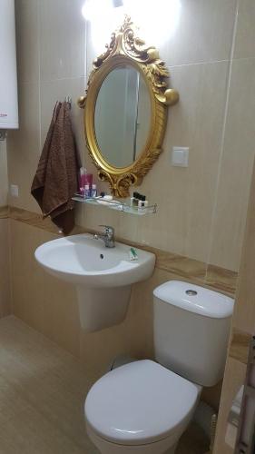 a bathroom with a toilet and a sink and a mirror at Apartments Sweet Home 4 in Sunny Beach
