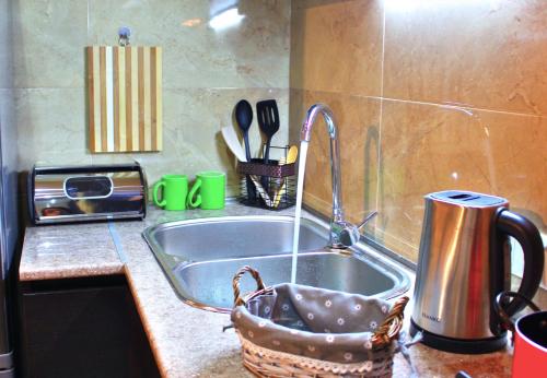 un bancone da cucina con un lavello in una cucina di Yango Apartment a Tbilisi City