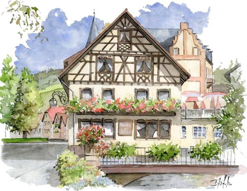 a drawing of a house with flowers in front at Hotel Restaurant Rebstock in Oppenau