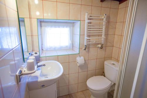 a bathroom with a sink and a toilet and a mirror at Pokoje Gościnne Justynka in Władysławowo