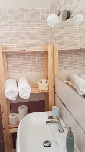 a bathroom with a sink and towels on a shelf at Sonnellino in Maremma in Massa Marittima