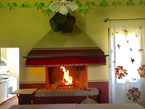 a fireplace in a kitchen with a fire in it at Casa Cecilia Country House in Salgareda