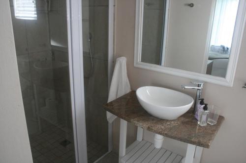 a bathroom with a white sink and a shower at 113 on Robberg in Plettenberg Bay