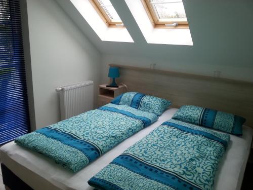 2 Betten in einem Zimmer mit Dachfenster in der Unterkunft Ferienwohnungen Vallentin GbR in Schaprode
