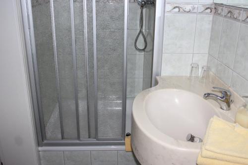 a bathroom with a shower and a sink at Villa Jagdhaus in Wernigerode