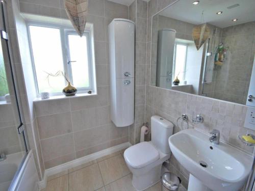 uma casa de banho com um WC, um lavatório e um espelho. em Luxurious House in Cornwall em Truro