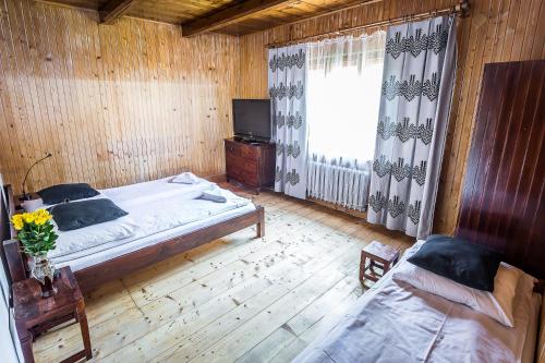 a bedroom with two beds and a tv and a window at Domek Potocek in Zakopane