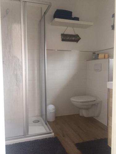 ロストックにあるFerienwohnung Strandmeerのバスルーム(シャワー、トイレ付)