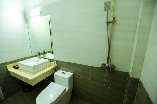 a bathroom with a sink and a toilet and a mirror at Viet Huong Hotel in Ninh Binh