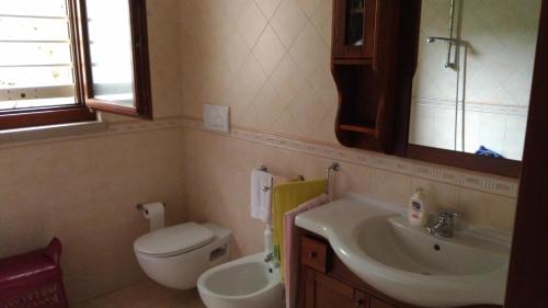 a bathroom with a sink and a toilet and a mirror at La Pietra Smeraldina in Santo Spirito