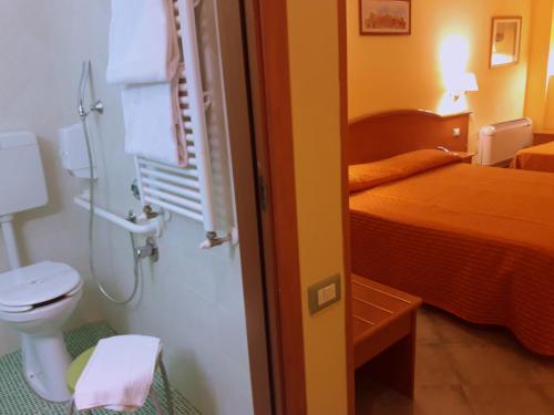 a bathroom with a toilet and a bed and a shower at Hotel degli Amici in Artena