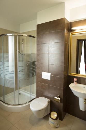 a bathroom with a toilet and a shower and a sink at Pensiunea Cristina in Craiova