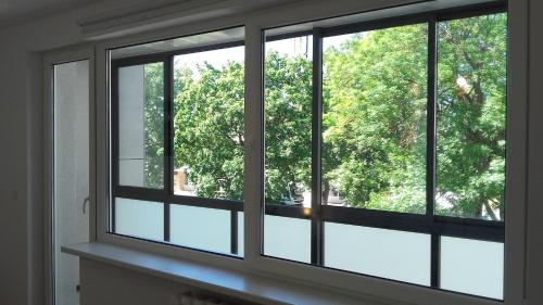 a window in a room looking out at a tree at Trakai White Apartments in Trakai