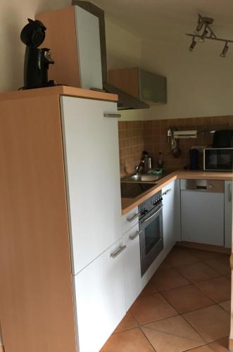 a kitchen with a white refrigerator and a sink at Haus Hugo in Zingst
