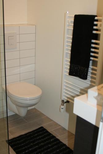 a bathroom with a toilet and a black towel at Country Dream - Langholt 2 in Selfoss