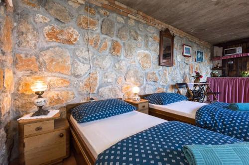 two beds in a room with a stone wall at The View Studio Moscenice in Mošćenice
