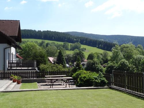 a patio with a picnic table in the grass at Pension Arnika in Deštné v Orlických horách