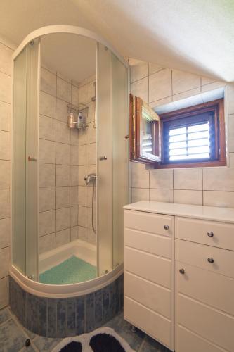 a bathroom with a shower with a glass door at Apartmant & Room Bruna in Drežnik Grad