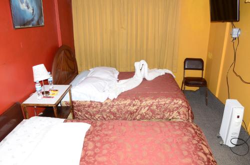 a hotel room with a bed, desk and a lamp at Hostal Virgen de Las Nieves II in Puno