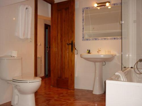 Un baño con inodoro, lavabo y espejo. en El Molino de Floren, en Santo Domingo de la Calzada
