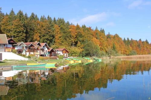 un grupo de barcos sentados en el agua junto a las casas en L'Ecrin du Lac, en Saint-Point-Lac