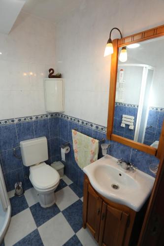 菲尼斯特雷的住宿－Santa catalina 46，蓝色和白色的浴室设有卫生间和水槽