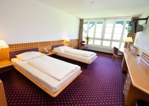 Pokój hotelowy z 2 łóżkami i biurkiem w obiekcie Rosenberger Motel Völkermarkt w mieście Völkermarkt