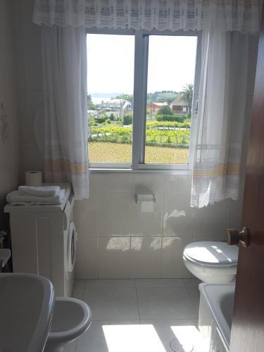 a bathroom with a toilet and a sink and a window at Casa Artemia in Sanxenxo