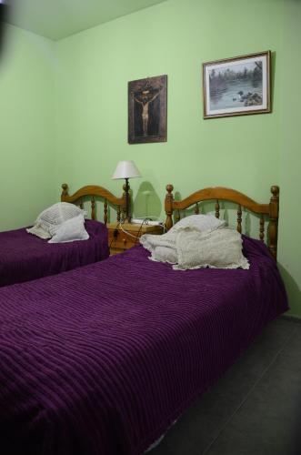 two beds with purple sheets in a bedroom at Casa En El Corazón De Mendoza in Mendoza