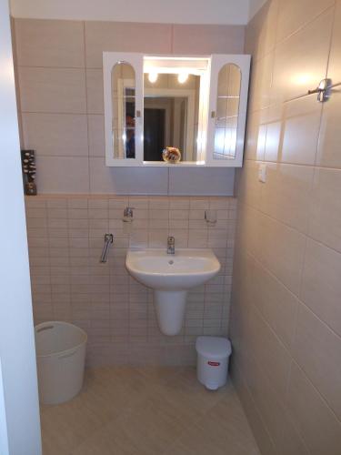a bathroom with a sink and a mirror at Galerius Golden Beach Apartment in Siófok